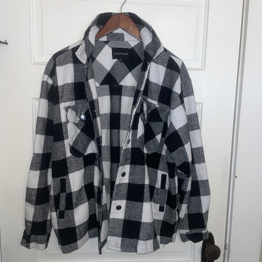 Warm! Heavyweight Velvet Heart Black And White Flannel Jacket Shirt Size L